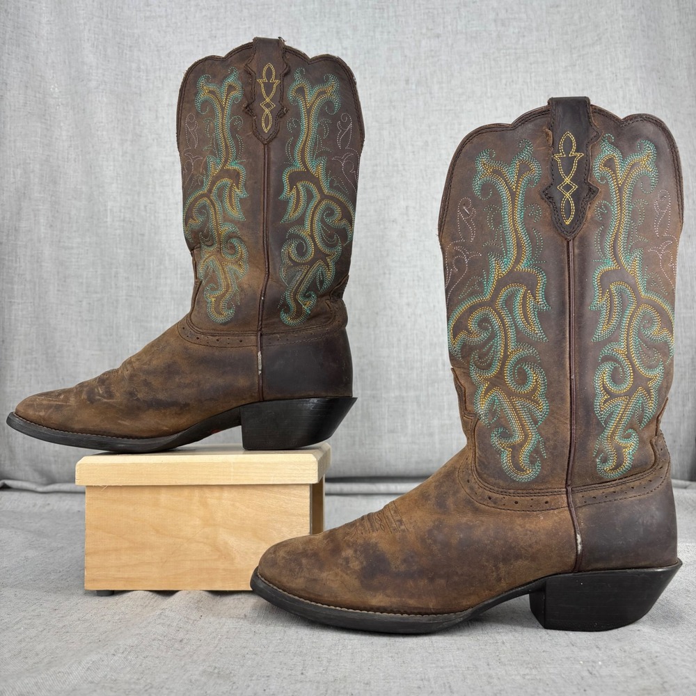 Justin Boots Stampede Durant Brown Leather Square Toe Cowboy Boots Women's 8 B - Picture 3 of 10